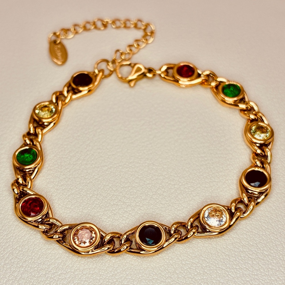 Elegant Gold Multi-Color Gemstone CZ Cuban Link Chain Bracelet